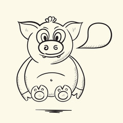 Pig with speech bubble. Hand drawn vector illustration.