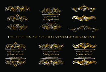 Golden ornament elements on a black background for the design of greeting and invitation cards.
