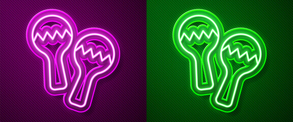 Glowing neon line Maracas icon isolated on purple and green background. Music maracas instrument mexico. Vector.