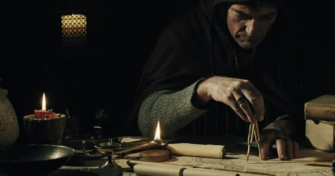 Cartographer taking measurements with compass on ancient map (( by Claude Auguste Berey-Library of Congress In the Public Domain)