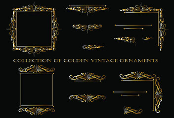 Vector design golden ornament elements on a black background for the design of greeting and invitation cards. 