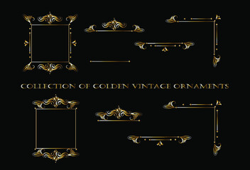 Golden ornament elements on a black background for the design of greeting and invitation cards.Vector image of the elements for the design of cards