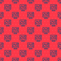 Blue line Genetic engineering modification on laptop icon isolated seamless pattern on red background. DNA analysis, genetics testing, cloning. Vector.