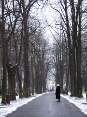 Fototapeta na wymiar The figure of an old woman in the distance winter landscape