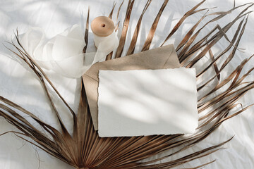 Tropical stationery still life. Closeup of blank card mock-up and craft envelope in sunlight. Dry...