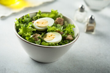 Healthy green salad with tuna and eggs