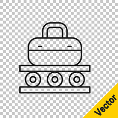 Black line Airport conveyor belt with passenger luggage, suitcase, bag, baggage icon isolated on transparent background. Vector.