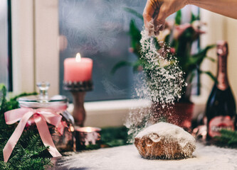 Christmas and New Year holidays, family celebration traditions. Mother cooking festive homemade sweets. Ingredients for cooking Christmas baking.