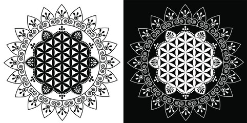 Indian Traditional and Cultural Mandala Rangoli design is in Black and white background - vector illustration 