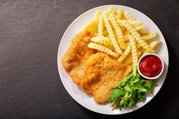 plate of fried breaded chicken meat or Schnitzel with french fries and salad