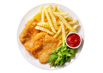 plate of fried breaded chicken meat or Schnitzel with french fries and salad isolated on white background