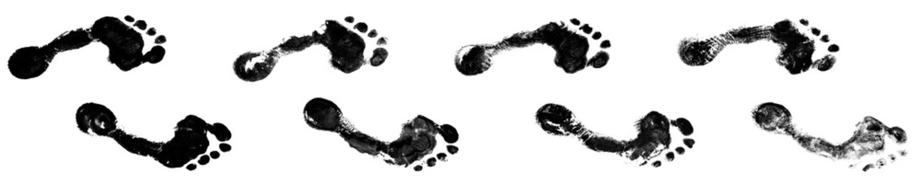 Human black footprints way white background isolated, barefoot person foot print pattern, walking path, footsteps silhouette illustration, bare feet route trail, ink imprint, stamp, mark, sign, symbol