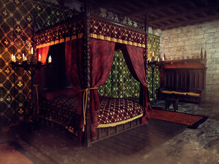 Fantasy medieval bedroom with a large bed with curtains, candles and old furniture. 3D render.