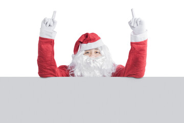 Asian man in Santa costume showing empty board