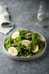 Healthy green salad with tuna and eggs