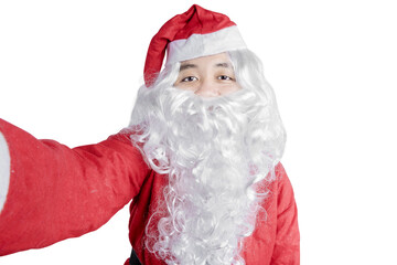 Asian man in Santa costume taking a selfie