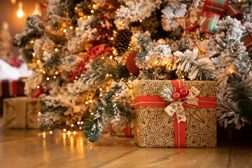 Christmas gift box with decoration under christmas tree, Happy New Year 2021