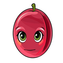 Obraz premium Plum fruits. Face. The isolated object on a white background. Ripe. Cartoon flat style. Illustration. Smile. Vector