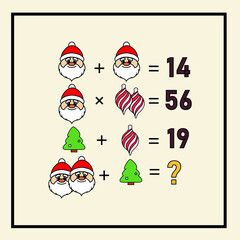 Mathematical rebus. Counting game for preschool children. picture educational game with Santa Claus Christmas characters. Riddle with numbers. Vector