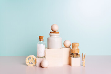 Set of personal care products and household accessories, concept of zero waste lifestyle