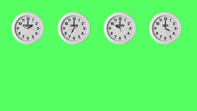 seamless looping animation with four timezone clocks showing different time in London, Tokyo, New York and Moscow. green screen or chroma key background with copy space