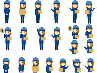 可愛い女性の配達員のイラストセット(紺色)