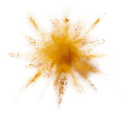 Turmeric powder burst isolated on white background