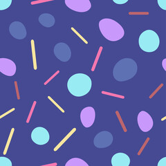 Round purple, gray and pink shapes, red and yellow lines on calm calm background. Abstract doodle seamless pattern. Suitable for packaging, textile.