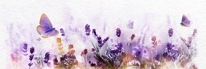 Watercolor Purple blossoming Lavender and flying butterfly in nature panorama. - obrazy, fototapety, plakaty