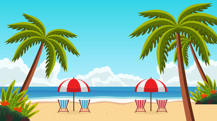 Fototapeta na wymiar Summer landscape vector illustration with Tropical Beach Palm Tree and umbrella for relaxing