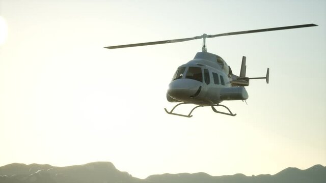 extreme slow motion flying helicopter and sunset sky