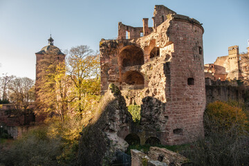 Der eingestürzte Turm von der Schloßruine Heidelberg im herbstlichen Gegenlicht
