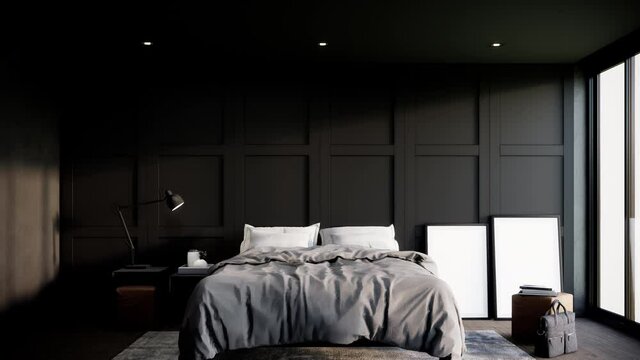 Modern Black Bedroom interior with furniture. room mock up. video 4k animation zoom in shot 3d render