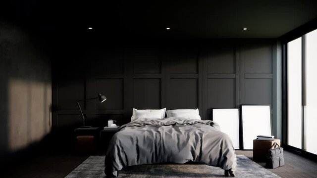 Modern Black Bedroom interior with furniture. room mock up. video 4k animation pan right shot 3d render