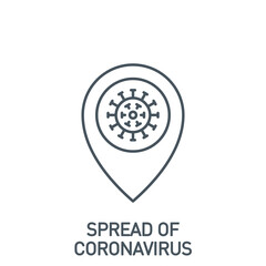 location point coronavirus outbreak on map single line icon isolated on white. Perfect outline symbol Coronavirus Covid 19 pandemic banner. Quality design element with editable Stroke line thickness