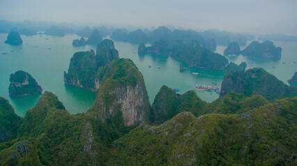 drone flight over the beautiful Halong Bay in Vietnam