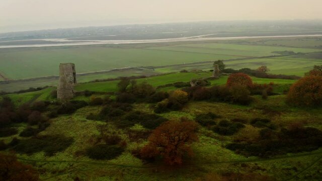Aerial Hadleigh Castle cinematic wide pivot of site DJI Mavic 2 Pro 4K