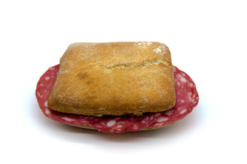 Spanish sausage salchichón sandwich on ciabatta bread