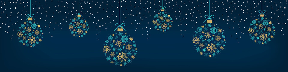 Greeting card with hanging Christmas balls made from turquoise and gold snowflakes nd snow on dark background. New year them. Vector illustration