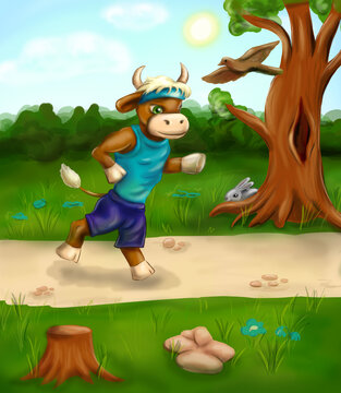 Illustration of bull running in forest. Cartoon fantasy art. Sport running