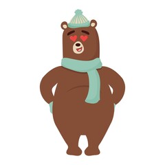 Cute shy bear full body, adorable character isolated on white background. Winter composition with snowflakes. Childish print, decoration, clip art. 