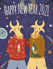 Two cows hug and celebrate new year with champagne and fireworks. Cute flat chinese new year bull in scandinavian style for postcard, greeting card banner, template, invitation.