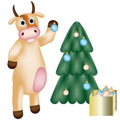 beautiful Christmas tree with decorations and cow and gifts