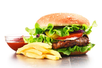Homemade hamburger with cheese and fresh vegetables