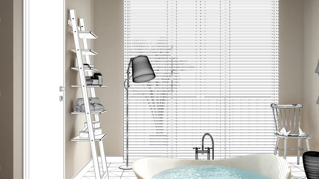 Blueprint project draft, sketch of osy peaceful bathroom, big round bathtub, ceramic tiles floor, shelves, window with venetian blinds, floor lamp, spa, hotel suite, custom furniture