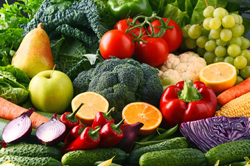 Composition with variety of raw organic vegetables and fruits