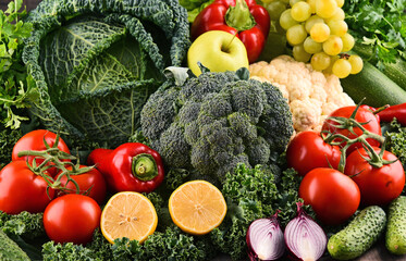 Composition with variety of raw organic vegetables and fruits
