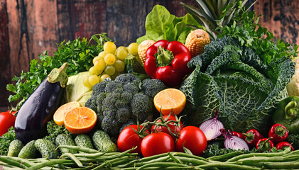 Composition with variety of raw organic vegetables and fruits