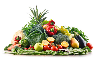 Composition with variety of raw organic vegetables and fruits