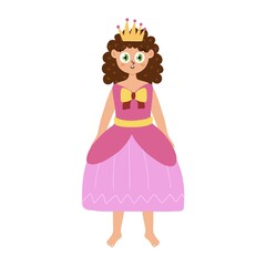 Cute princess in pink dress and crown. Beautiful girl isolated element